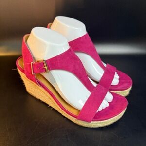Kenneth Cole REACTION Women's T-Strap Wedge Sandal Pink Suede Espadrille 8.5